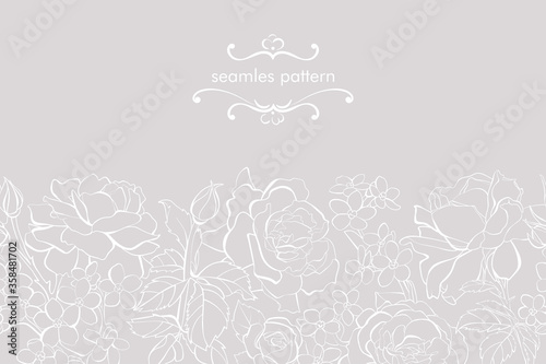 Flowers border seamless pattern in sketch style on white background - hand drawn exotic blooms of rose, forget-me-not, wildflower and leaf with white line contour. Vector illustration.