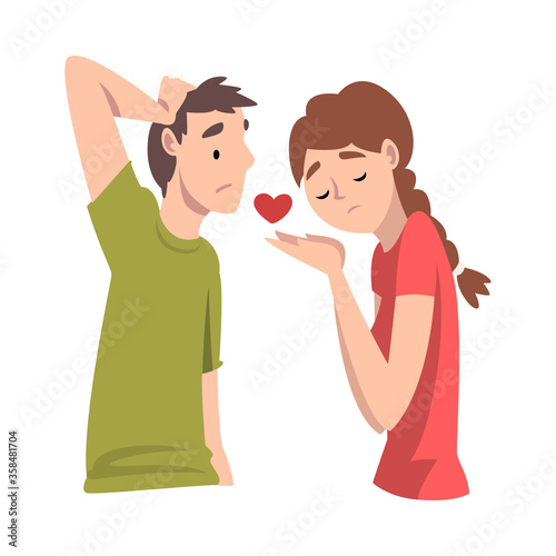 Young man is sad from the proposal of love for a girl. Undivided love. Vector illustration.
