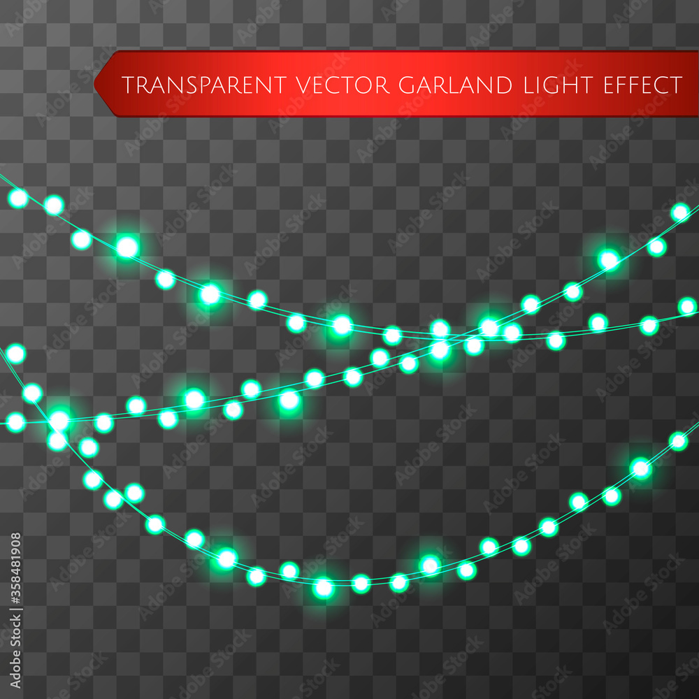 Green christmas lights isolated realistic design elements. Glowing lights for Xmas Holiday greeting card design. Garlands, Christmas party decorations. Beautiful light background. Vector.
