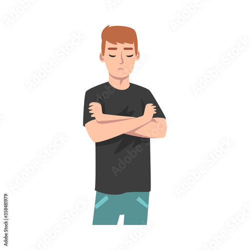 Guy folded his arms in a gourdy. Vector illustration.
