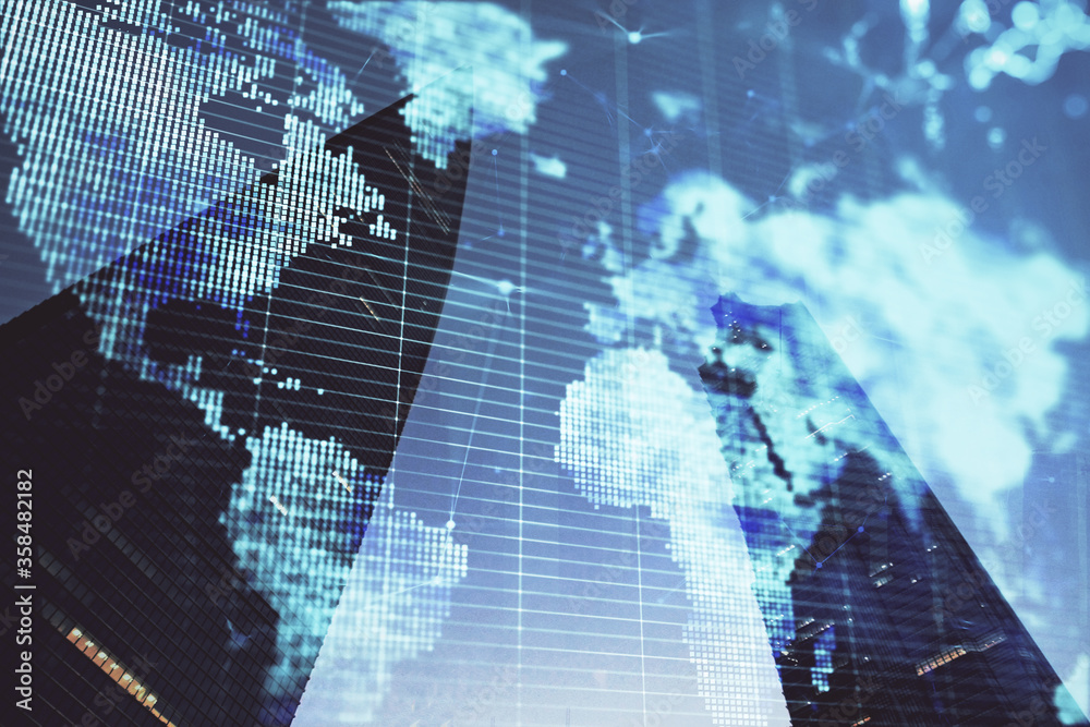 Double exposure of business theme hologram drawing and city veiw background. Concept of success. Double exposure of business theme hologram drawing and city veiw background. Concept of success.