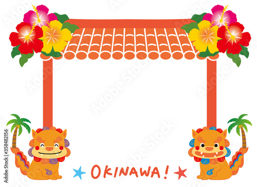 沖縄　シーサーと赤瓦のフレーム