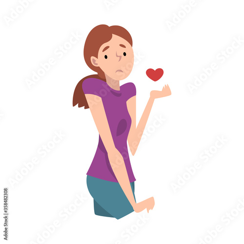Young Woman Standing Sadly With Heart Vector Illustration