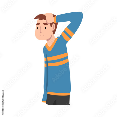 Young Man Standing with Thoughtful Look and Holding Hand on His Head Vector Illustration