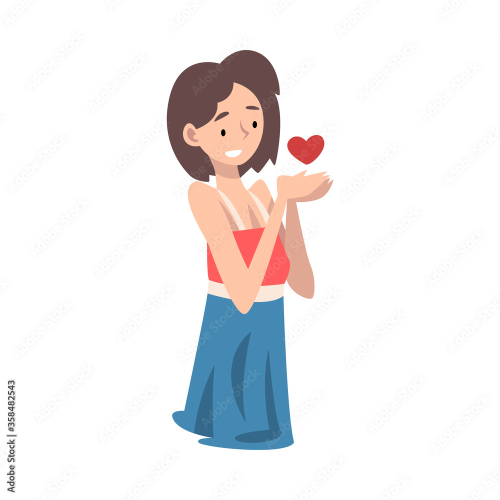 Young Woman Standing Sadly With Heart Vector Illustration Young Woman Standing Sadly With Heart Vector Illustration