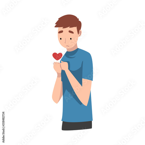 Young Man Standing Sadly With Heart Vector Illustration