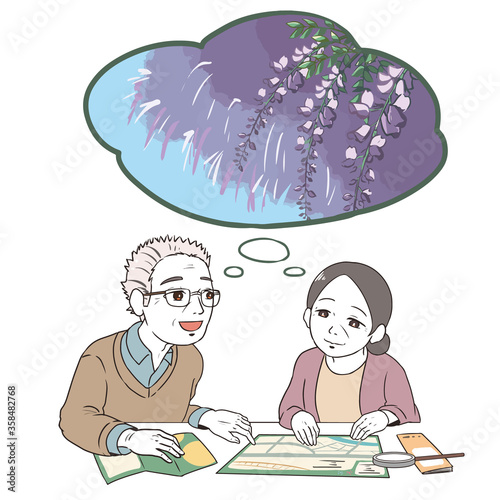 計画を立てるシニア世代(植物園)