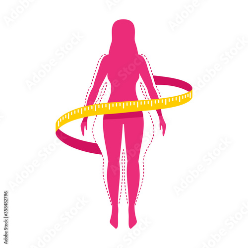Weight loss challenge logo (isolated icon) - female silhouette (fat and shapely figure) with measuring tape around
