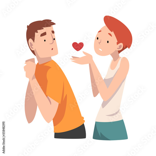 Guy does not accept the girl s heart. Undivided love. Vector illustration.
