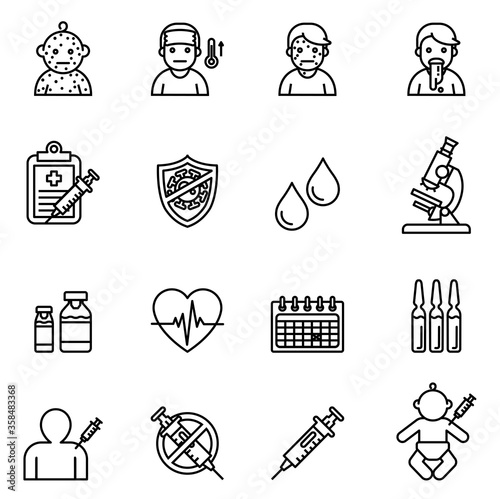 Baby, Childhood vaccinations icons set with white background. Thin line style stock vector.