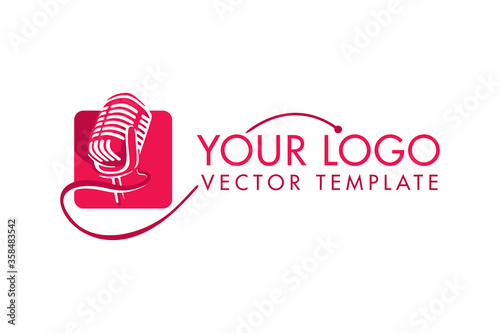 Singer logo - vintage microphone silhouette in rectangle - vector emblem template for leading, singer, event, karaoke party