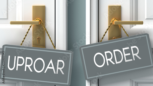 order or uproar as a choice in life - pictured as words uproar, order on doors to show that uproar and order are different options to choose from, 3d illustration