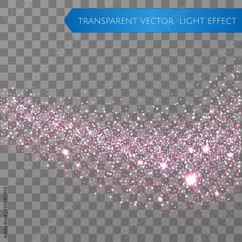 Pink glitter star dust trail sparkling particles on transparent background. Transparent sparkle wave. Space comet tail. Vector glamour fashion illustration for shining greeting backgroung