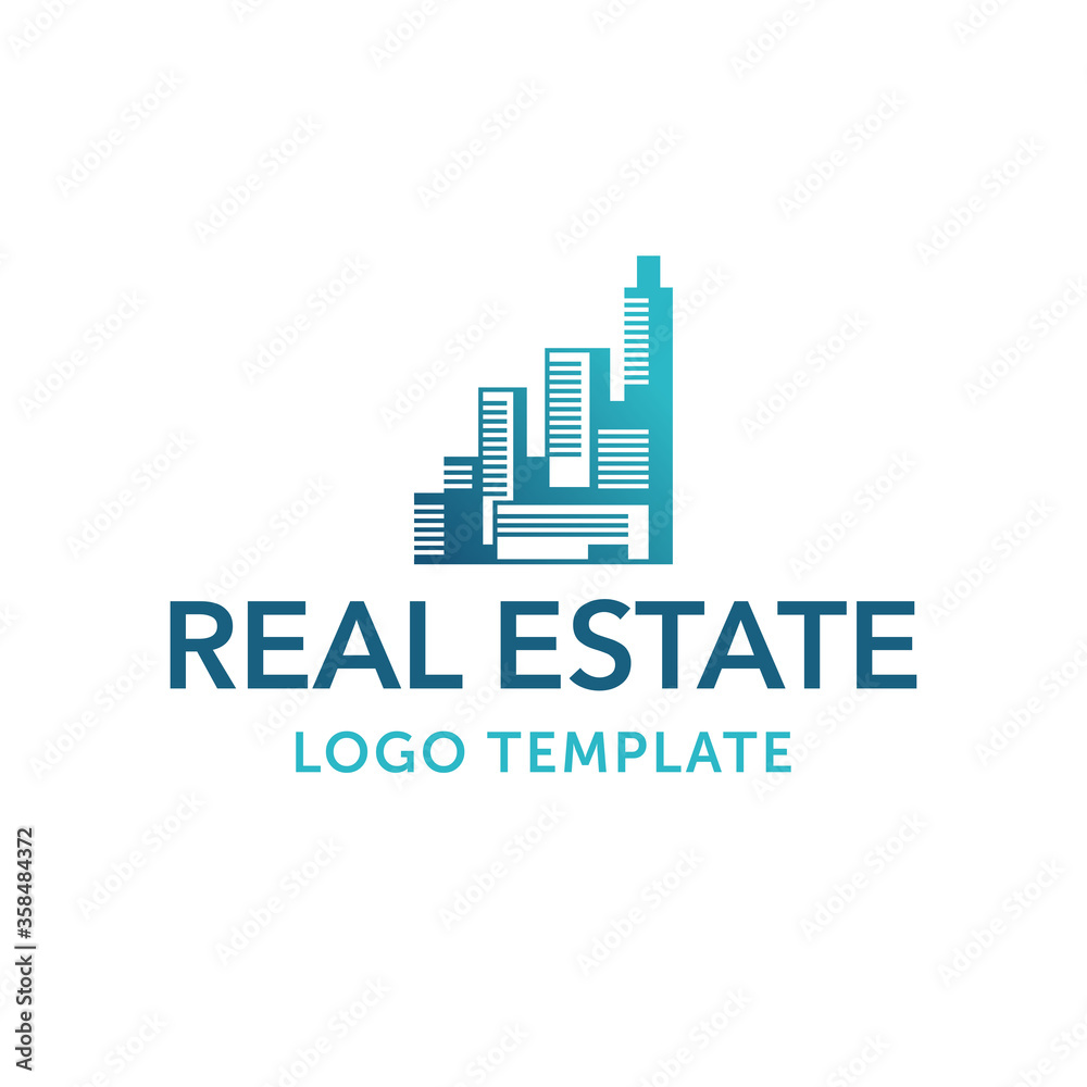 real estate city building company logo template - skyscrapers landscape silhouette - isolated vector icon