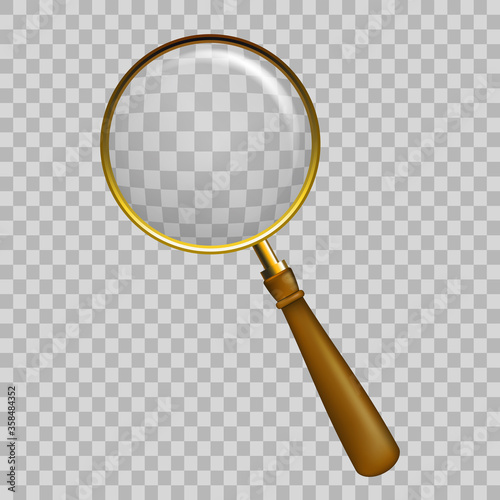 Old Style wooden with gold metal Magnify glass transparent lens, vector illustration. Magnifier with light reflection. Magnifying glass vector isolated icon. Zoom tool.