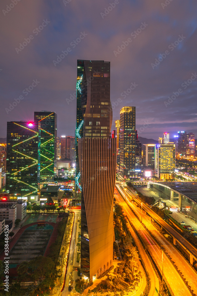 City skyline of Futian CBD, Shenzhen, China in the evening