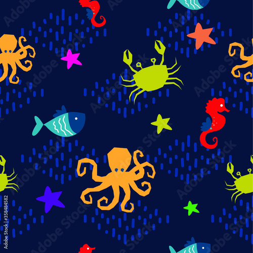 seamless pattern cute sea world animal with dark blue background