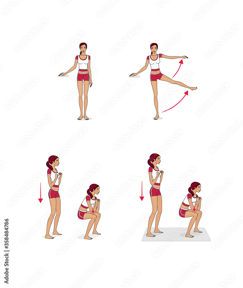 Fototapeta premium Girl is training at home. Stretching the muscles of the legs and spine. Exercises and gymnastics. Isolated on a white background