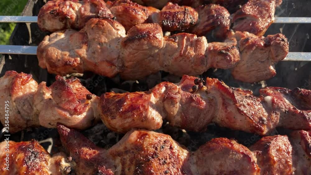 roasted baked meat strung on skewers is fried on the grill with hot coals and smoke. Shish kebab is sometimes twisted. roasted baked meat strung on skewers is fried on the grill with hot coals and smoke. Shish kebab is sometimes twisted.