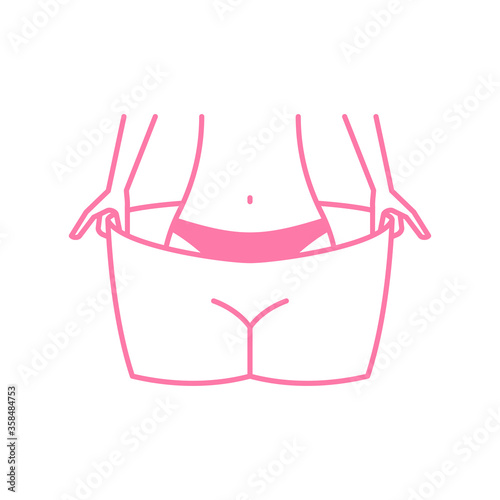 Before and After losing weight icon - slim woman putting big plus-size pants which she wore previously -   conceptual vector emblem