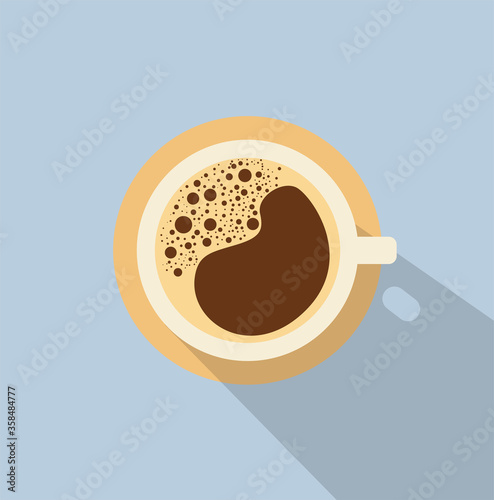 Modern flat cup of coffee illustration with top view, espresso or cappuccino on blue background with shadow. Trendy cute illustration for cafe, restaurant or logo. Eps 10 vector