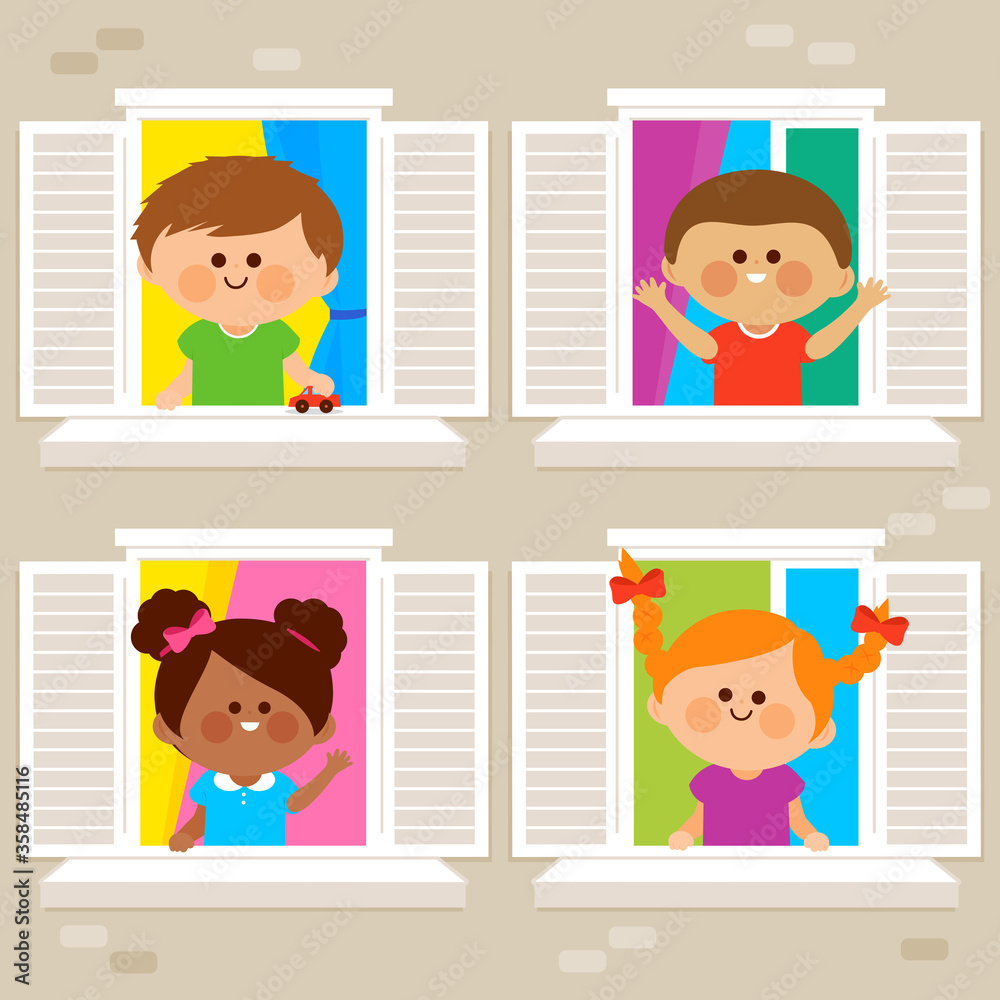 Children in their homes at an apartment building looking out of windows. Vector illustration Children in their homes at an apartment building looking out of windows. Vector illustration