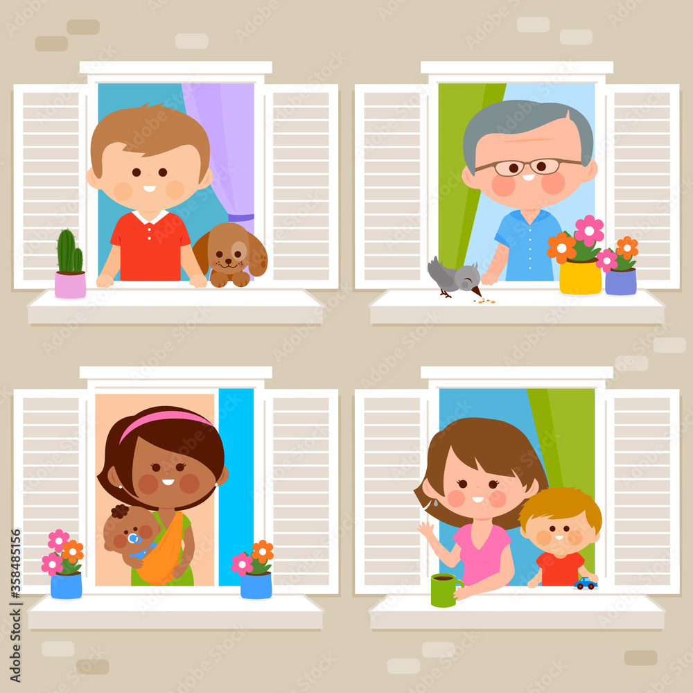 People in their homes at an apartment building looking out of windows. Vector illustration People in their homes at an apartment building looking out of windows. Vector illustration