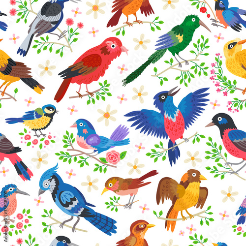 Seamless forest bird pattern background for kids © Pictulandra