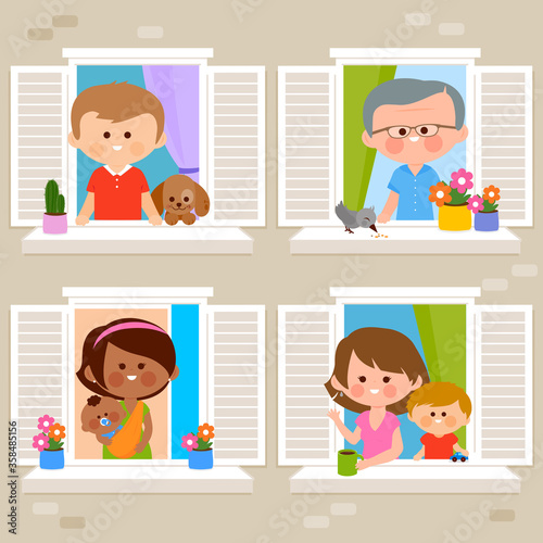 People in their homes at an apartment building looking out of windows. Vector illustration