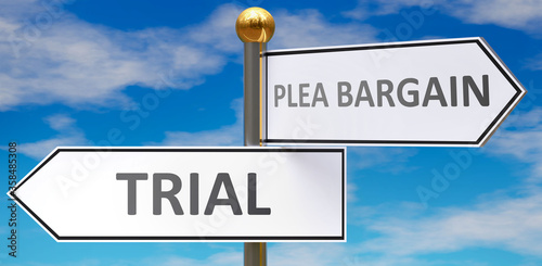 Trial and plea bargain as different choices in life - pictured as words Trial, plea bargain on road signs pointing at opposite ways to show that these are alternative options., 3d illustration