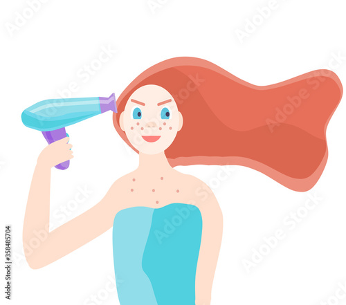 Young red-haired girl dries her hair with a hair dryer. Pretty red-haired woman is doing her hair. Isolated on a white background. Cheerful female character looks after herself. Vector illustration.