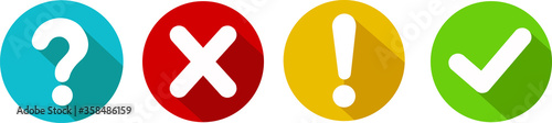 Set of round marks, cross, exclamation and question point, checkmark icons, buttons on white background.