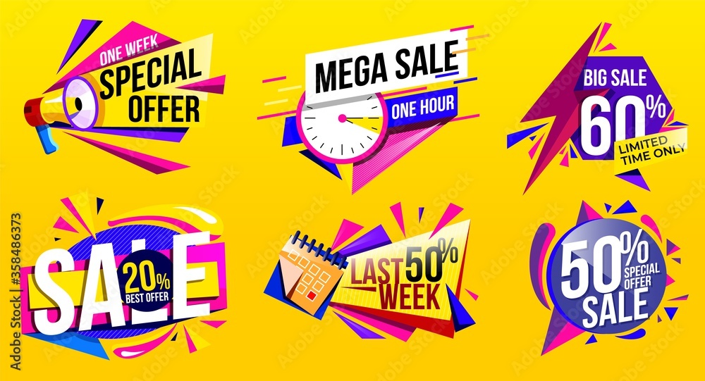 Sale banner vector. Discount tag and sale label template with special promo offer. Geometric modern price design for promotional deal badge. Ad sticker with half price off.