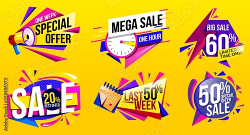 Sale banner vector. Discount tag and sale label template with special promo offer. Geometric modern price design for promotional deal badge. Ad sticker with half price off.