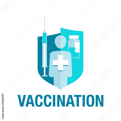 Vaccination icon - time to vaccinate emblem - human silhouette inside a shield with medical cross inside and vaccine syringe - isolated vector logo