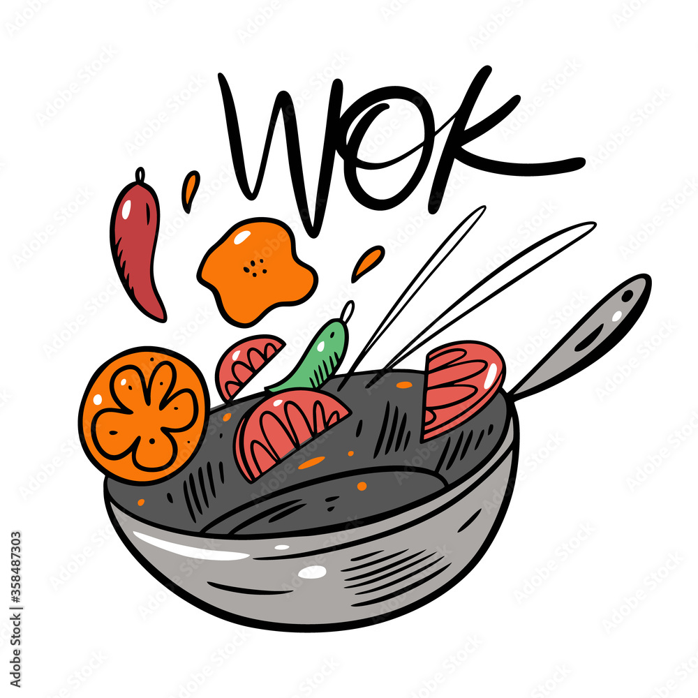 Wok. Asian street food. Cartoon style. Vector illustration. Isolated on  white background. vector de Stock | Adobe Stock