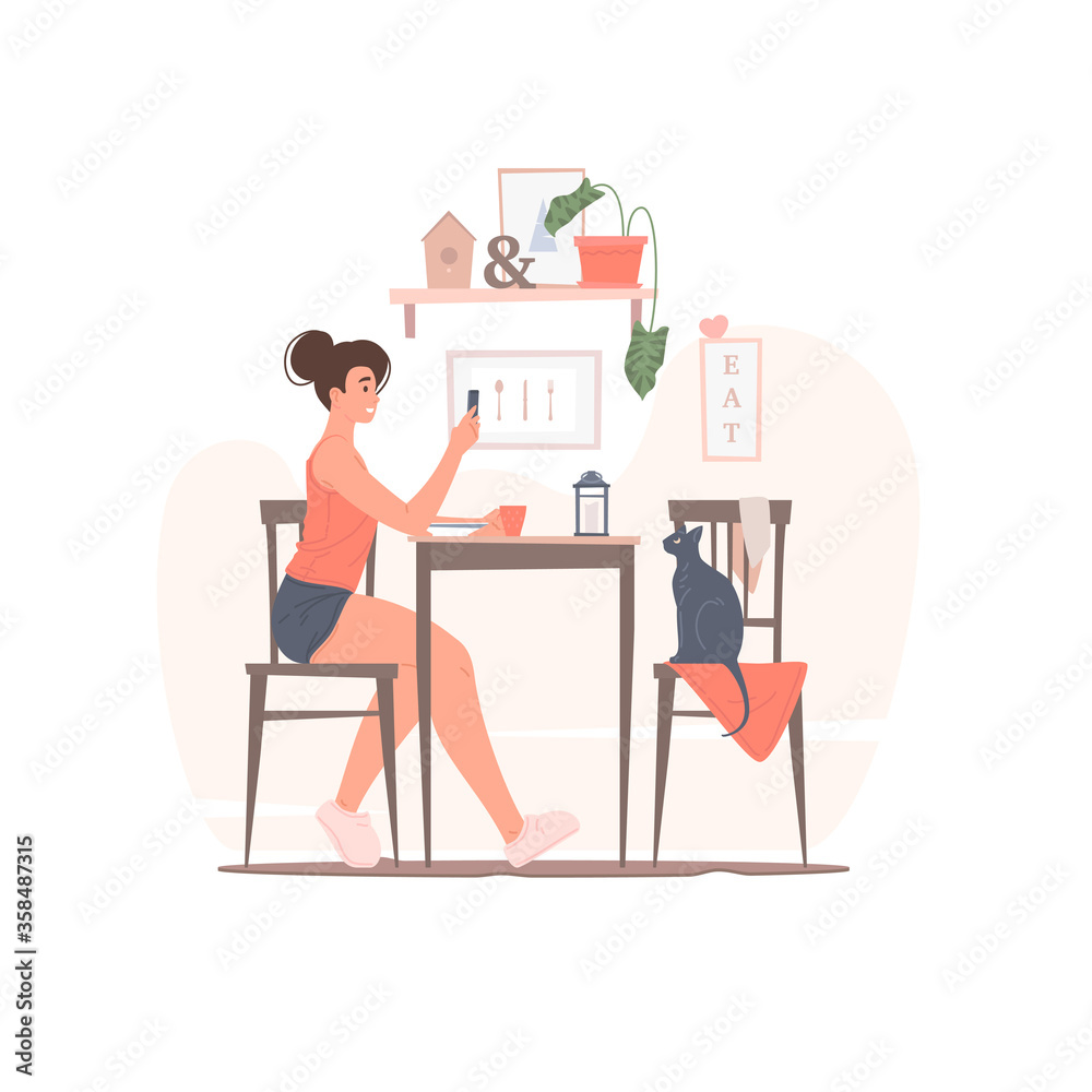 Woman with smartphone having breakfast with cat vector illustration.