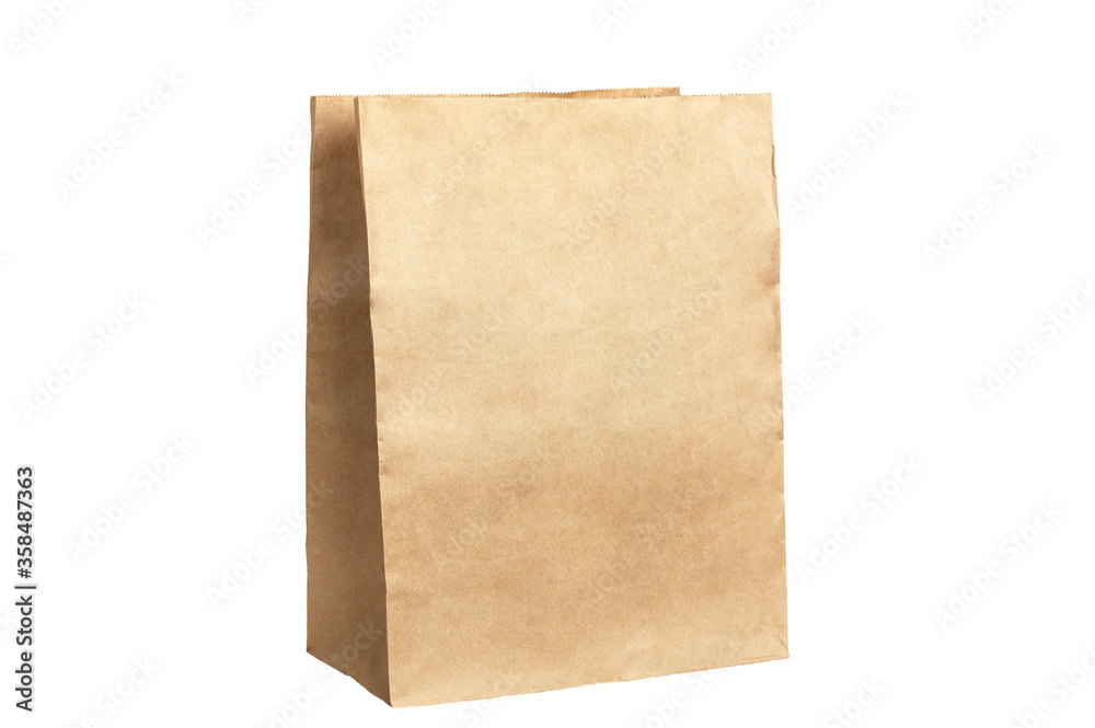 Unbranded kraft package. Place for creative design or text. Boxing for contactless product delivery. Mockup style and blank space on paper bag. Package and shipping concept. Isolated on white Unbranded kraft package. Place for creative design or text. Boxing for contactless product delivery. Mockup style and blank space on paper bag. Package and shipping concept. Isolated on white