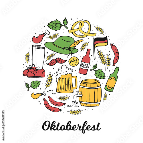 Oktoberfest card illustration, beer festival design elements. German food and beer symbols isolated on white background in circle.