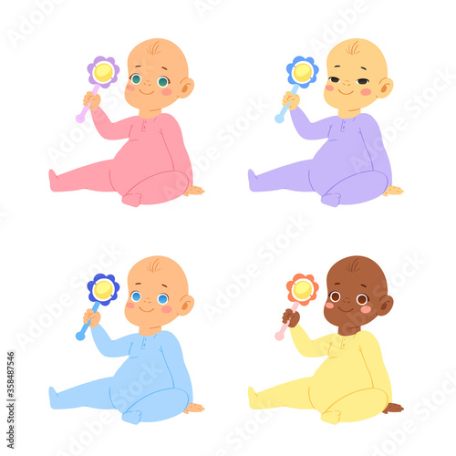 Multinational cute little babies and toddlers in bodysuits in various poses. Different ethnic newborn boys and girls from 0 to a year sitting and playing with toys. Vector baby shower illustration.