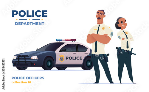 Cartoon police officers man and woman team. Public safety officers with police car. Guardians of law and order.