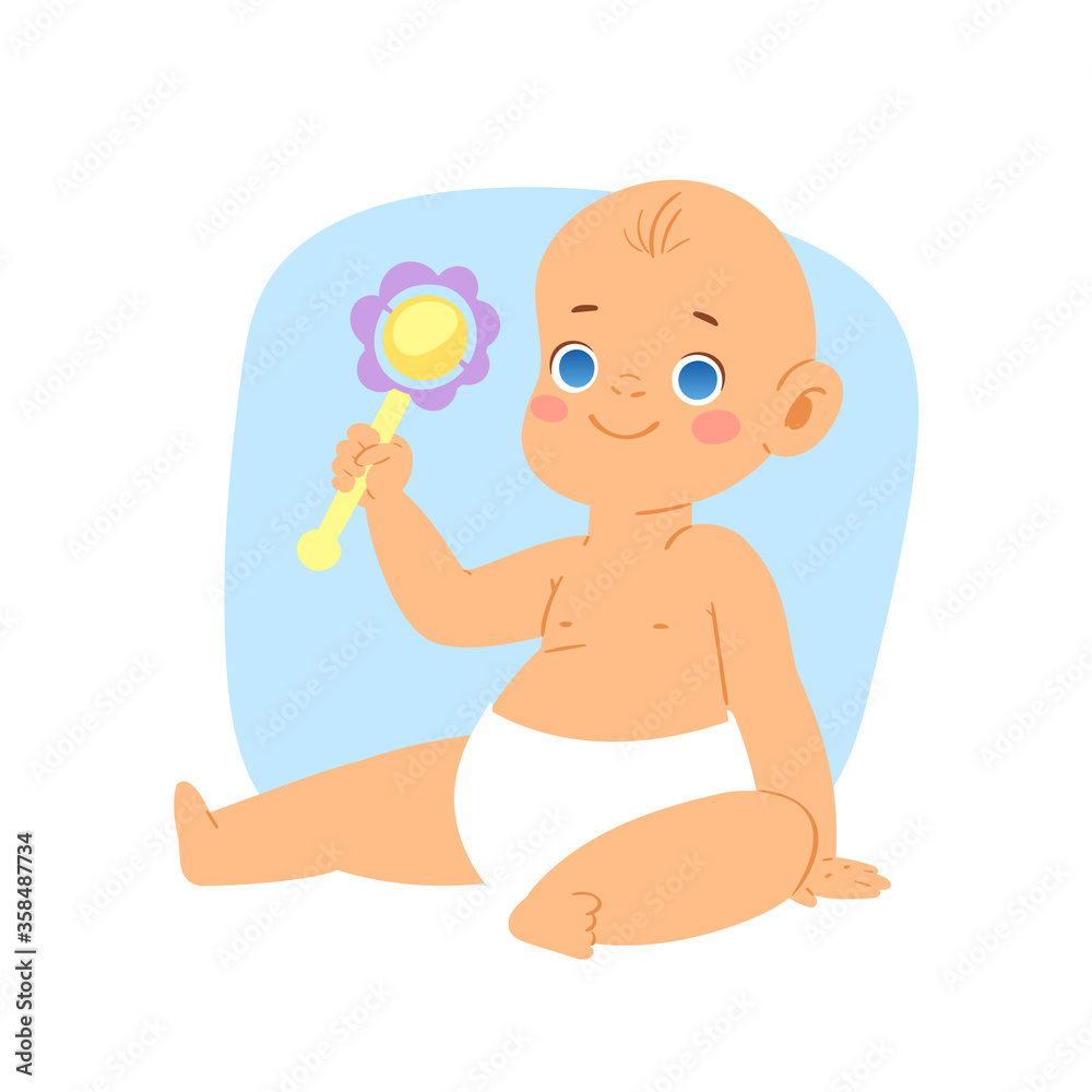 Cute little baby toddler in diaper sitting and holding a toy. Active curious newborn boy from 2 months to a year learns the world. Vector illustration on blue background for baby shower invitation. Cute little baby toddler in diaper sitting and holding a toy. Active curious newborn boy from 2 months to a year learns the world. Vector illustration on blue background for baby shower invitation.
