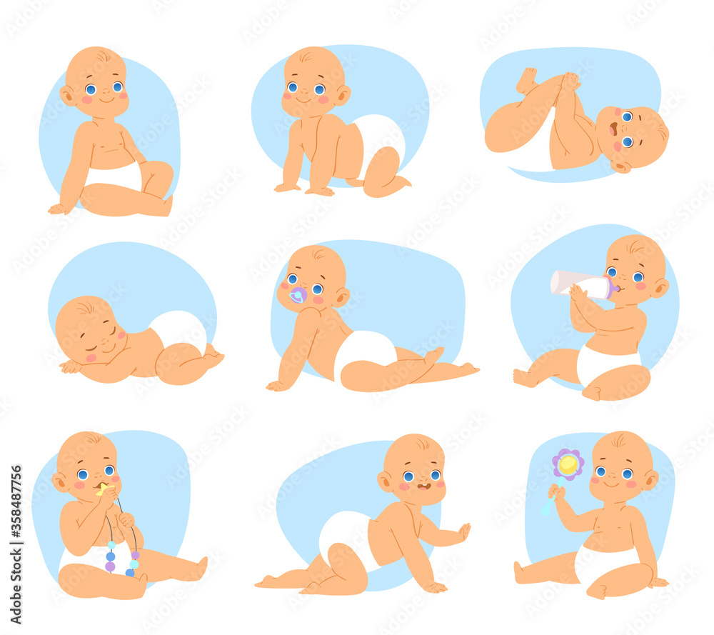 Europian cute little baby boys and toddlers in bodysuits in various poses. Newborn in different poses from 0 to a year try to crawl, move on tummy, seat, sleep, play. Vector baby shower illustration Europian cute little baby boys and toddlers in bodysuits in various poses. Newborn in different poses from 0 to a year try to crawl, move on tummy, seat, sleep, play. Vector baby shower illustration