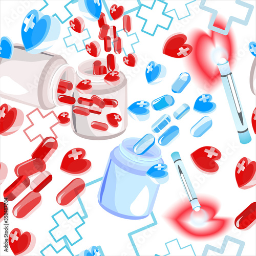 Medical seamless texture on pink background.Red, blue pills in the heart's fome, with crosses, a medical flashlight.Decoration of greetings, packaging, print on fabric, paper, oilcloths, medical masks
