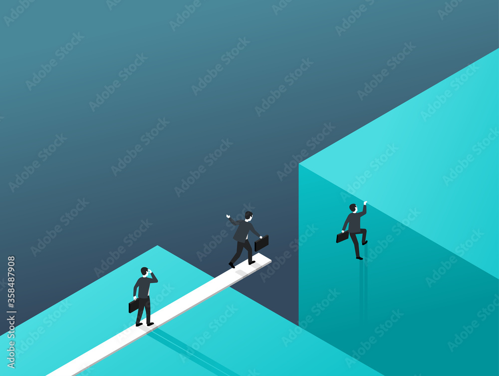 Business risk and professional strategy concept - working businessmen team jumpss over gap using a springboard - isometric conceptual illustration for banner or poster Business risk and professional strategy concept - working businessmen team jumpss over gap using a springboard - isometric conceptual illustration for banner or poster