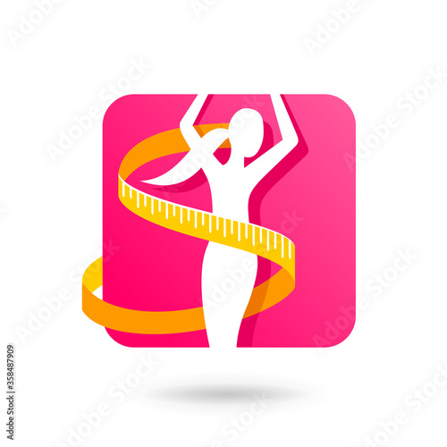 Intermittent fasting special dieting pictogram (for icon or logo template) - slim fitness female silhouette winded by measuring tape - isolated modern emblem