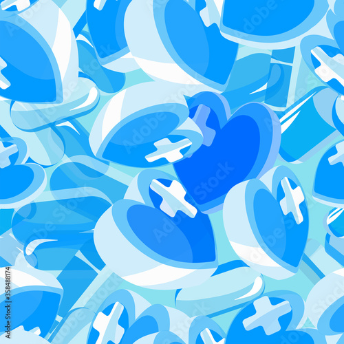 Medical seamless texture.Blue pill hearts with crosses. Design of greetings, packaging, printing on fabric, paper, oilcloths, medical masks