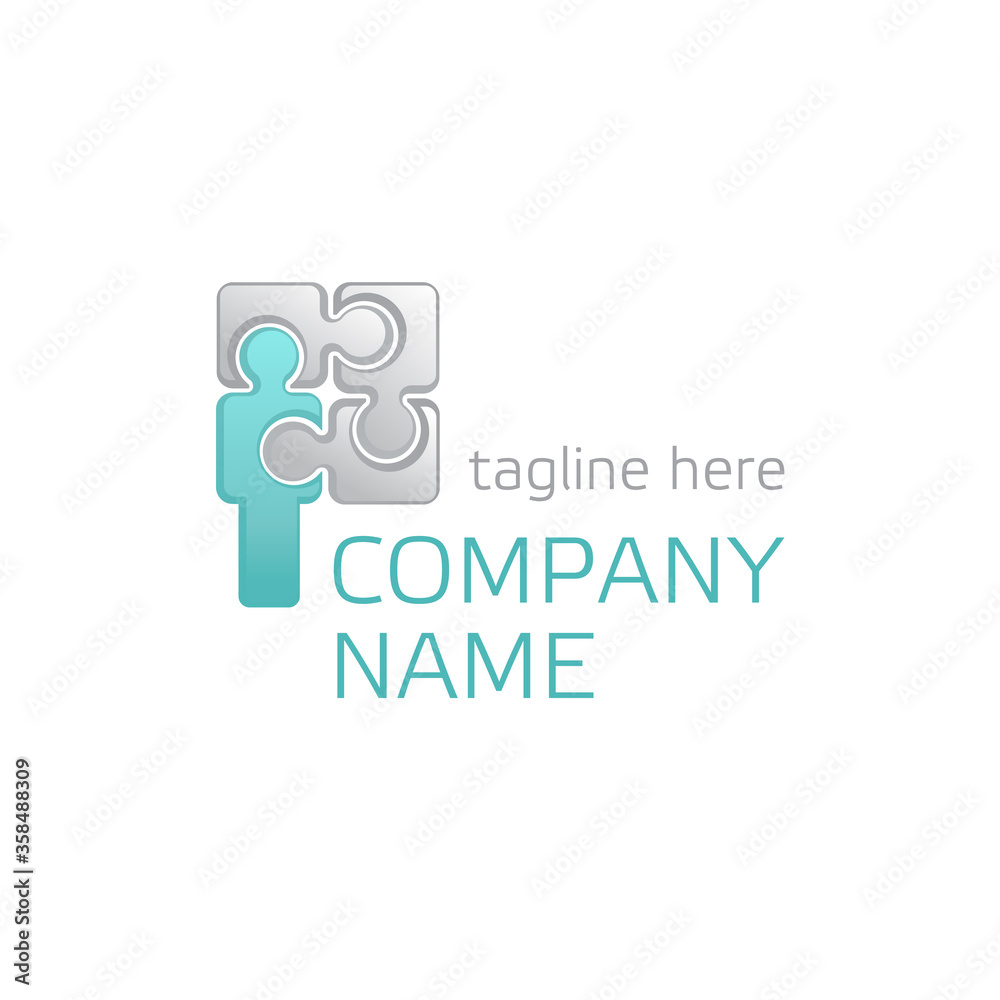 Vector logo for working team, community or hr-company in form of puzzle fragments and people silhouette