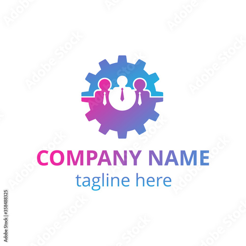 Human resources logo (HR emblem) or team work (working solutions) icon template - circular gear with people