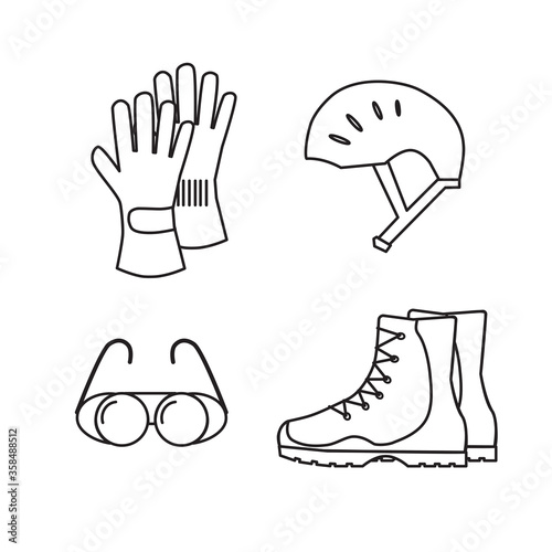 Special protective clothing for sports in the mountains. Line design. Helmet, glasses, gloves, boots.